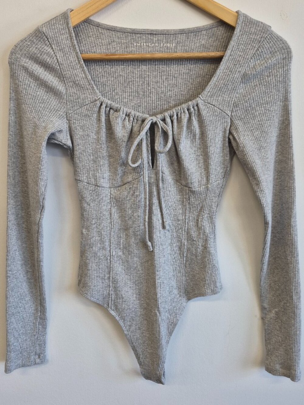 American Eagle Grey Ribbed Tie Front Long Sleeve Bodysuit Small